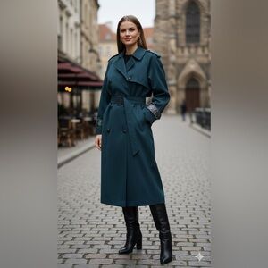 VTG DianaCharles Teal 100% Pure Virgin Wool Trench Coat -Made in Canada - Size L
